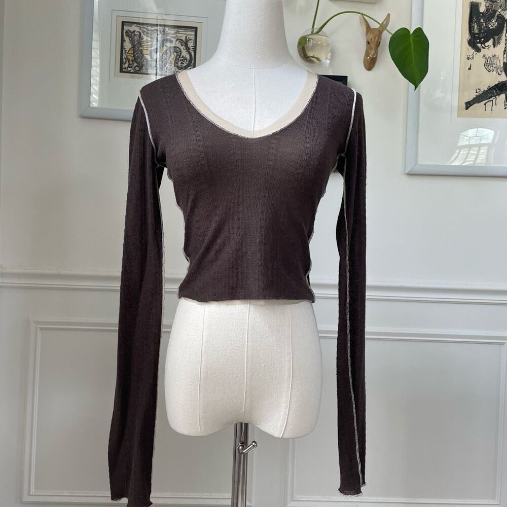 Pete Brown Stretchy Brown Cropped Vneck Beige Mesh Trim S